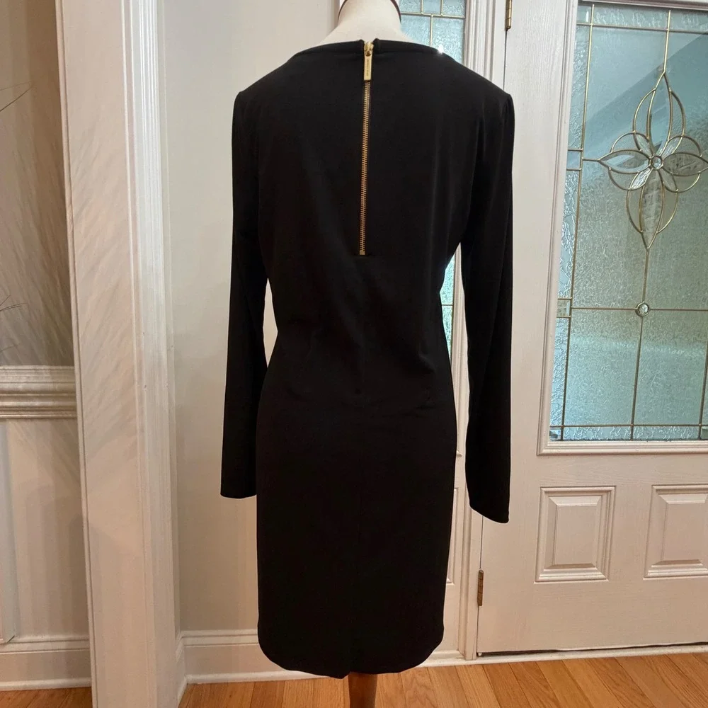 Michael Kors Black Long Sleeve Sheath Dress Faux Leather Trim Gold Zip M